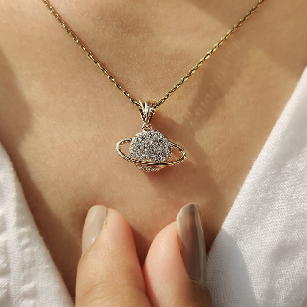 Round Diamond Gold Saturn Pendant