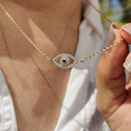 Round Cut Eye Shape Blue Diamond Pendant With Chain