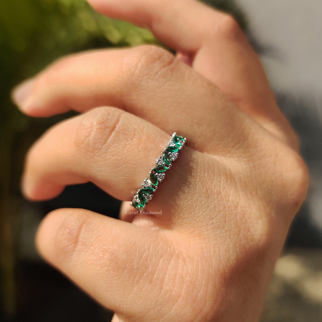 Marquise Cut Green Emerald Zig Zag Wedding Band
