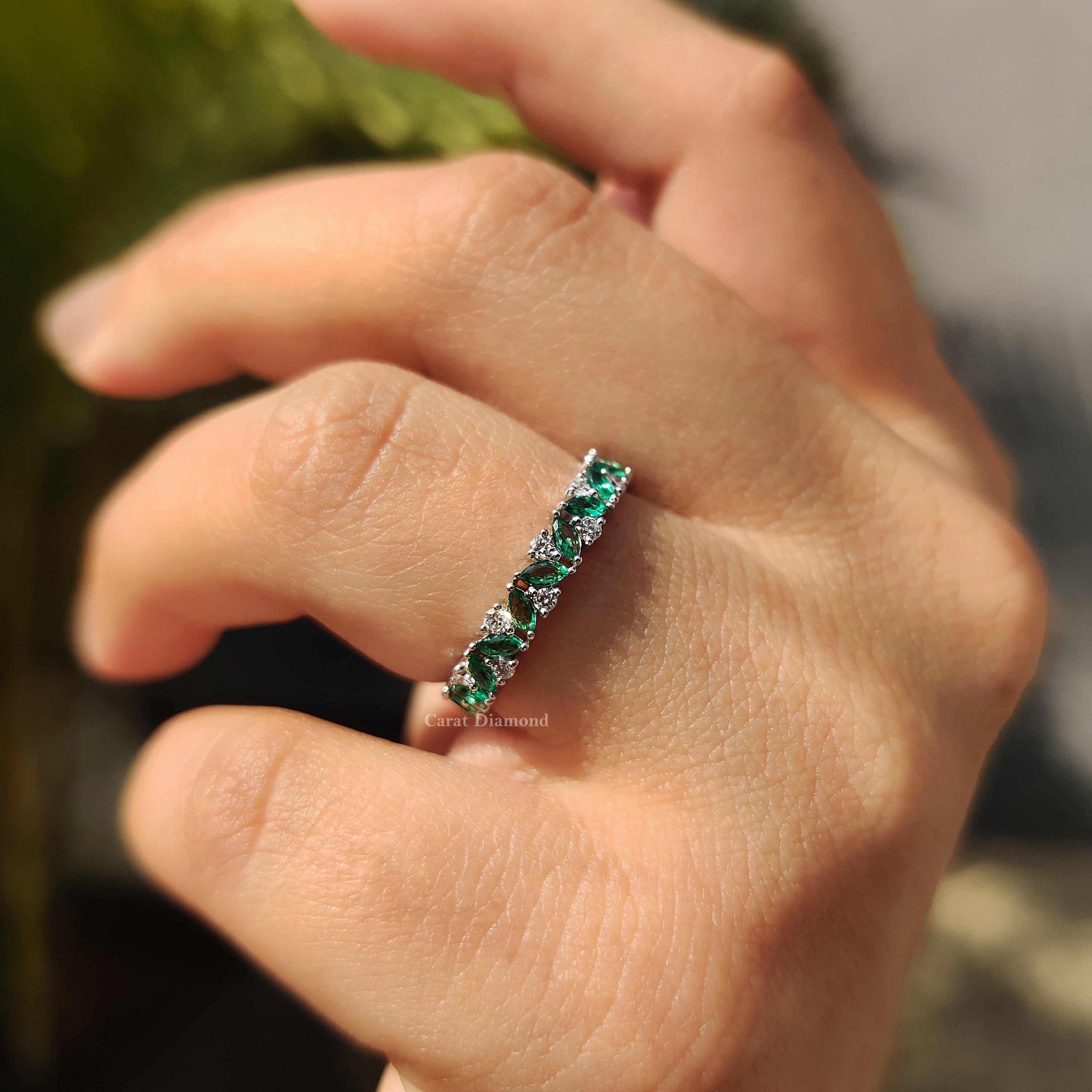 Marquise Cut Green Emerald Zig Zag Wedding Band