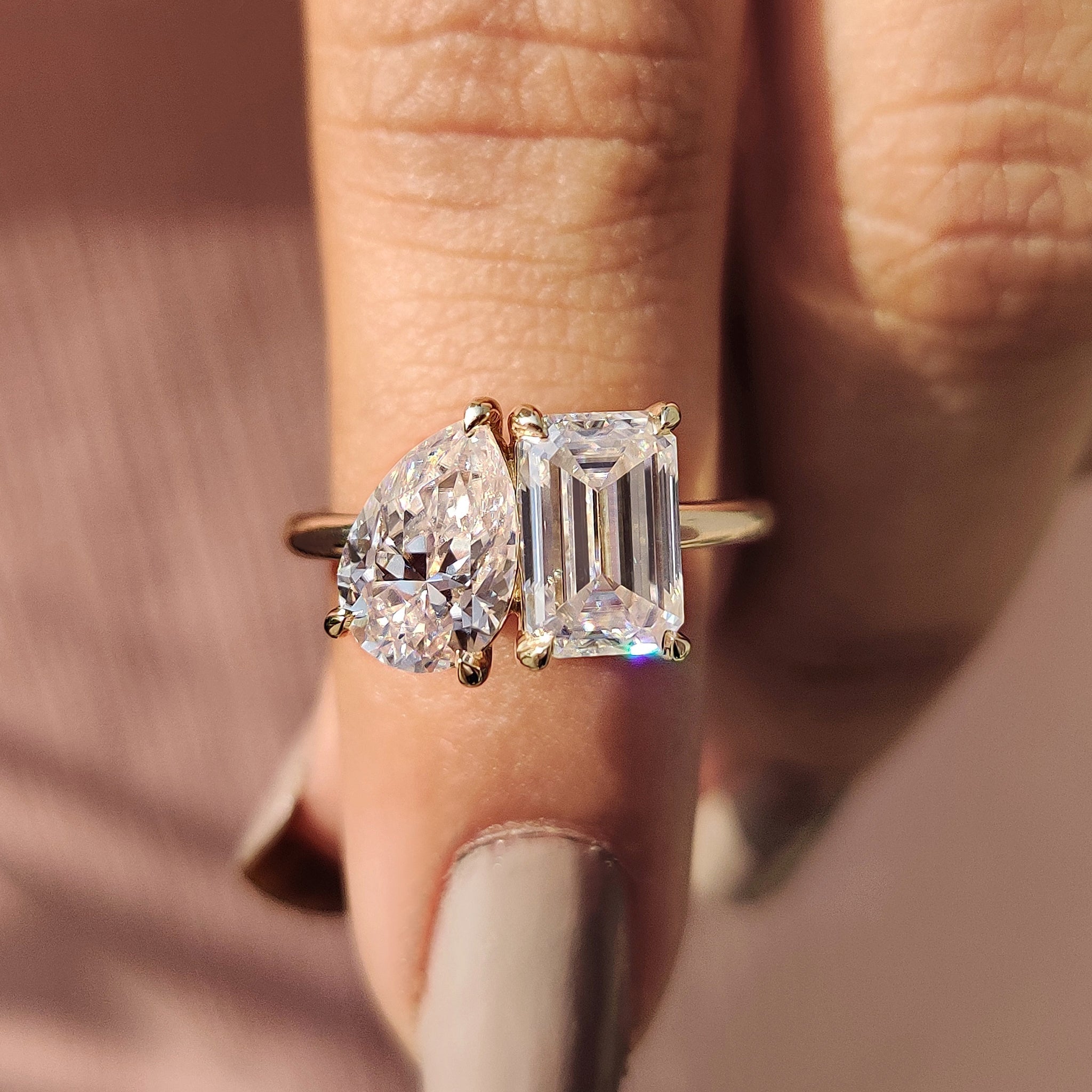 Pear and Emerald Cut Two Stone Engagement Ring Main image