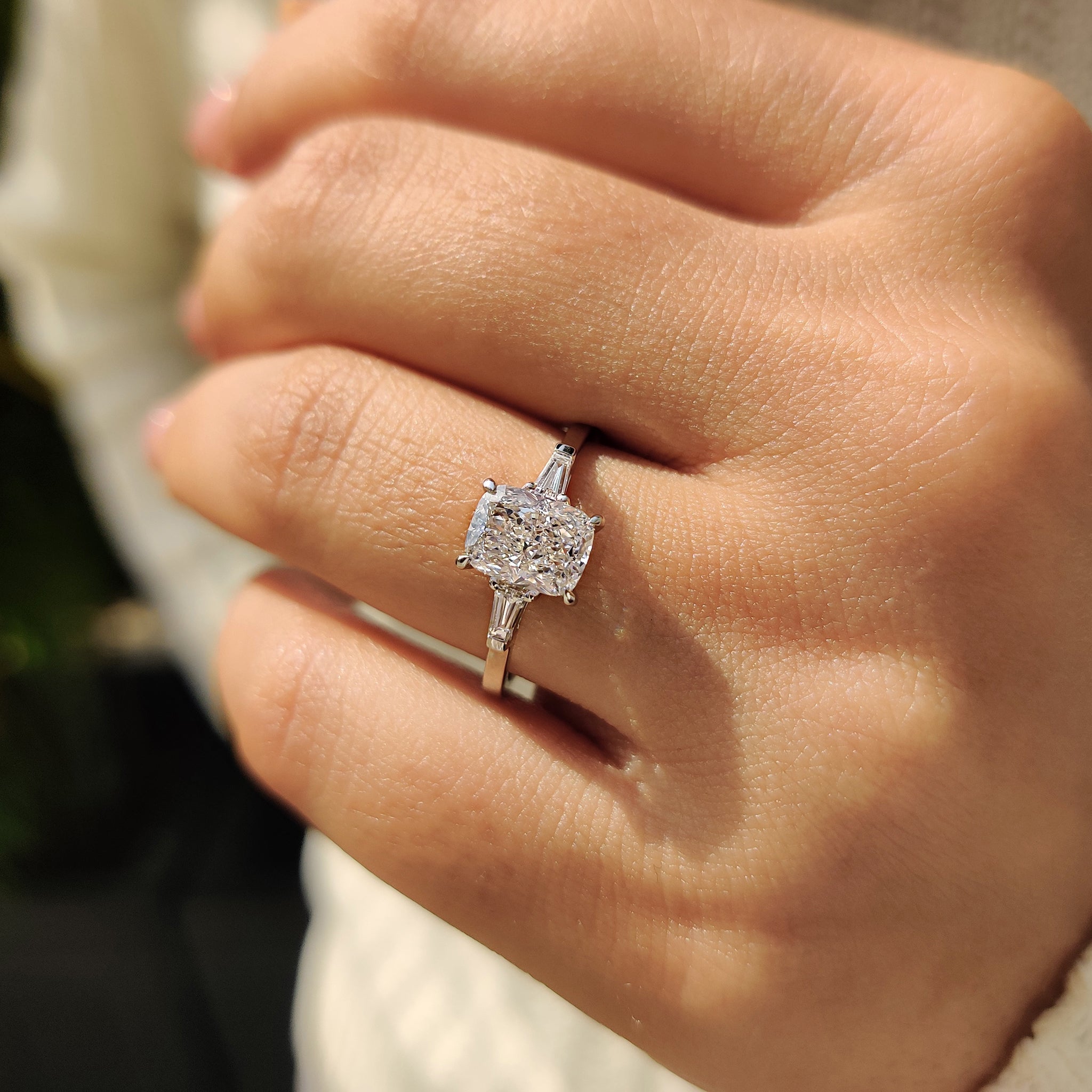 3 Stone Engagement Ring With Cushion And Tapered Baguette