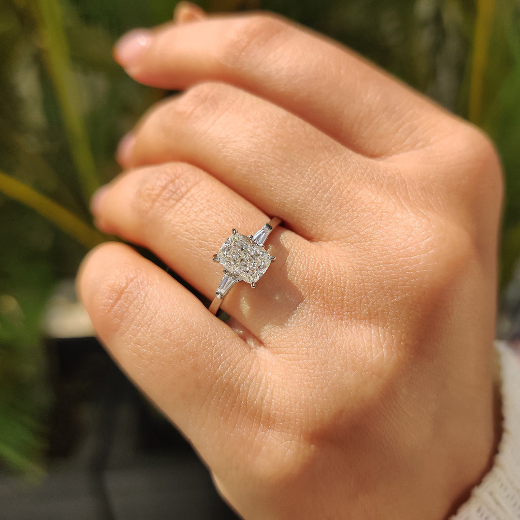 3 Stone Engagement Ring With Cushion And Tapered Baguette
