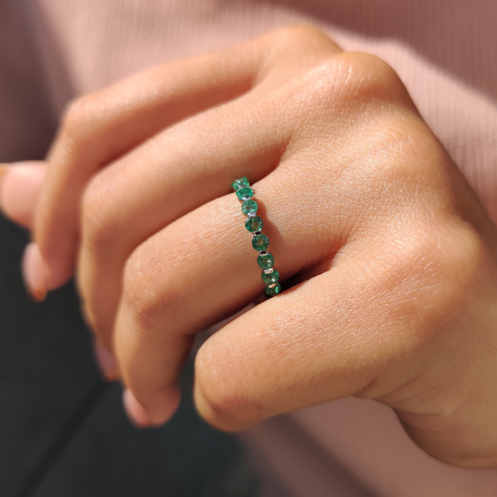 Light Green Round Gemstone Eternity Band In Shaped Prong Style