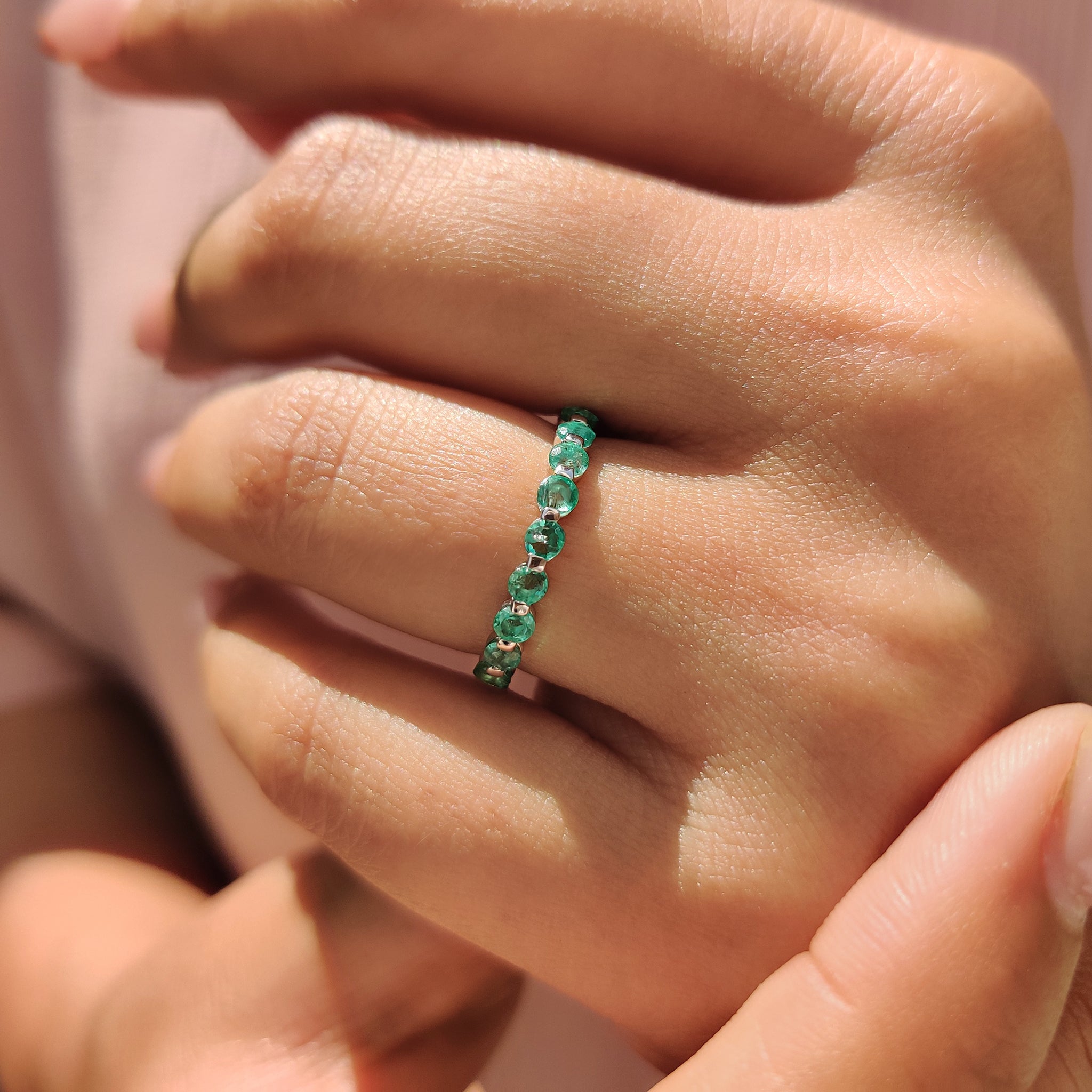 Light Green Round Gemstone Eternity Band In Shaped Prong Style