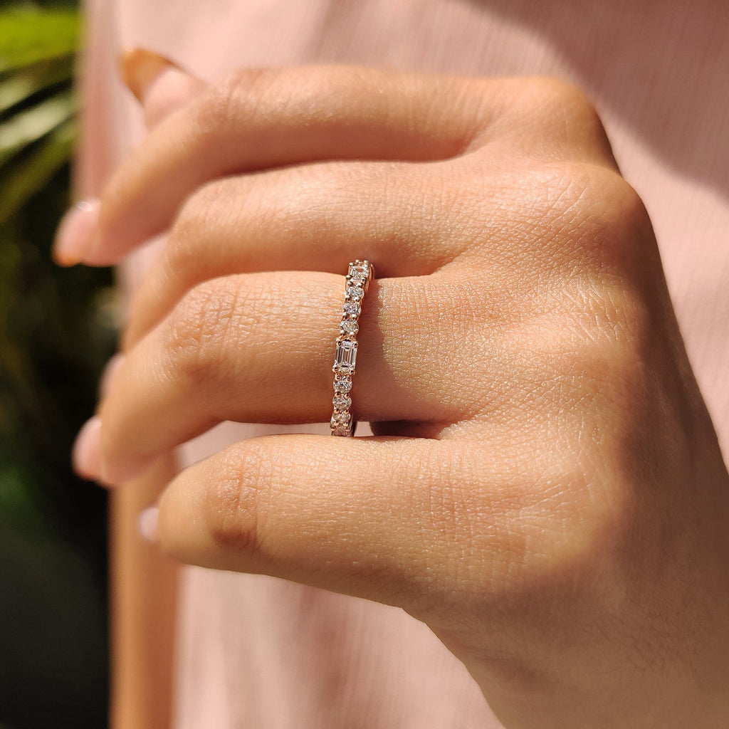 Emerald and Round Cut Rose Gold Diamond Wedding Band