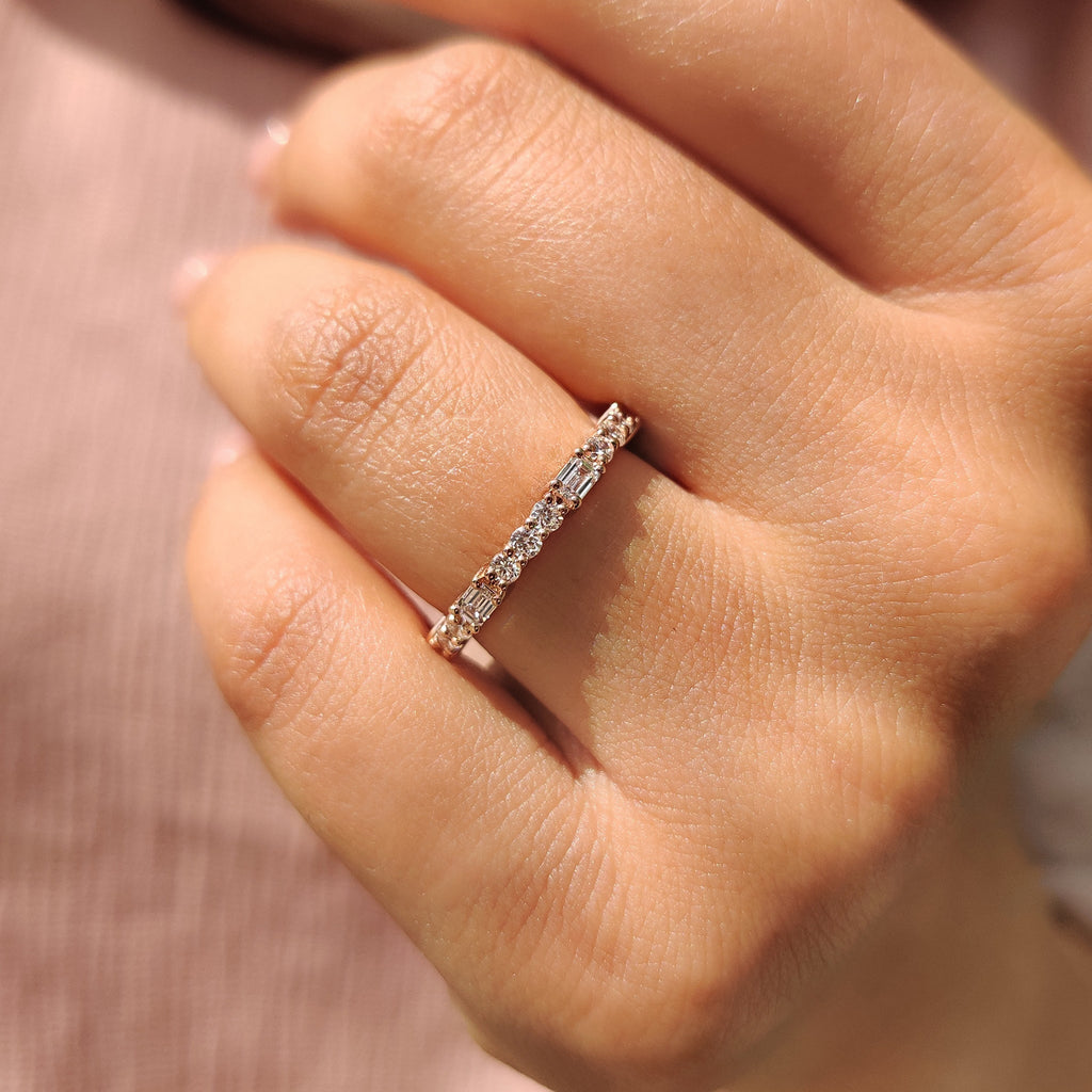 Emerald and Round Cut Rose Gold Diamond Wedding Band
