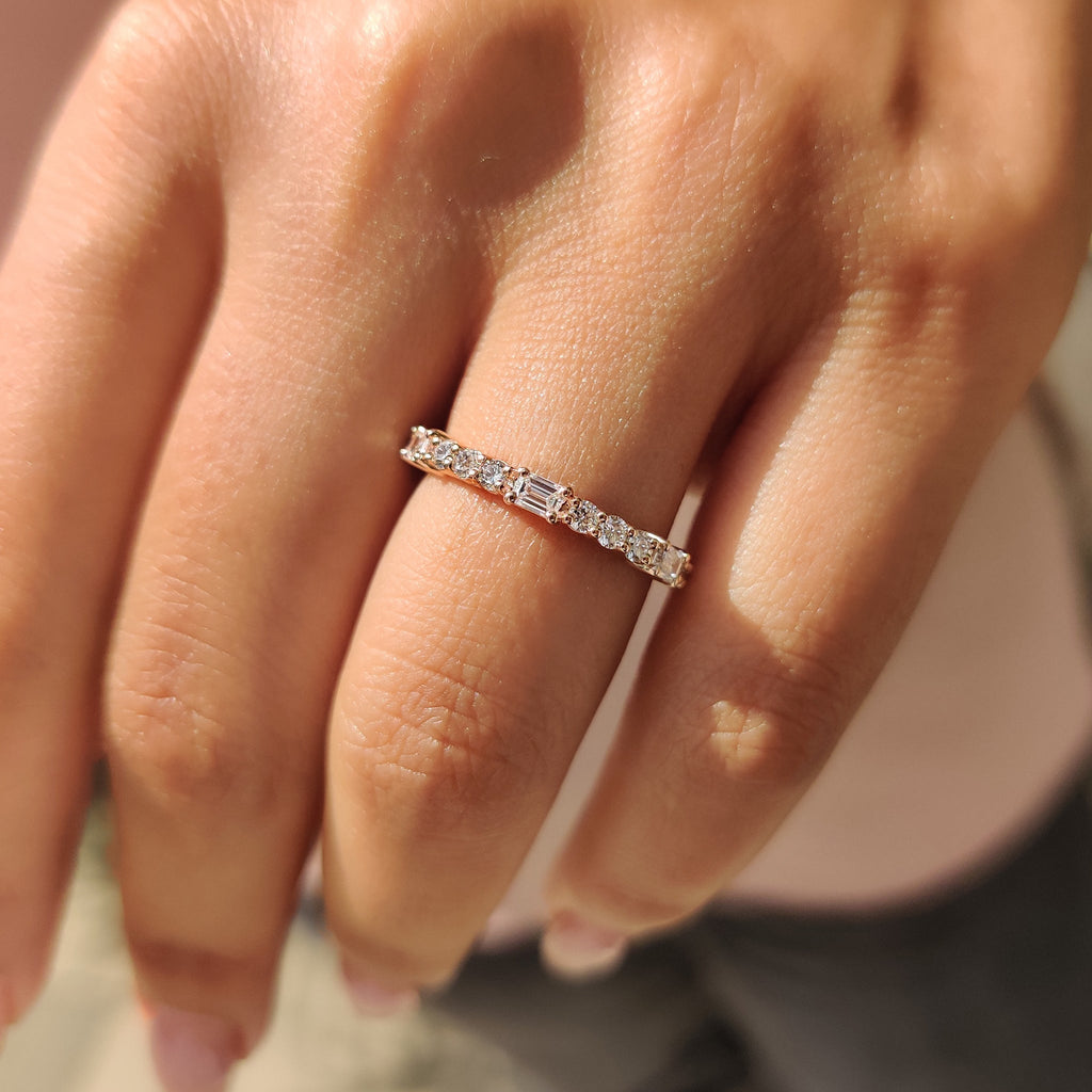 Emerald and Round Cut Rose Gold Diamond Wedding Band
