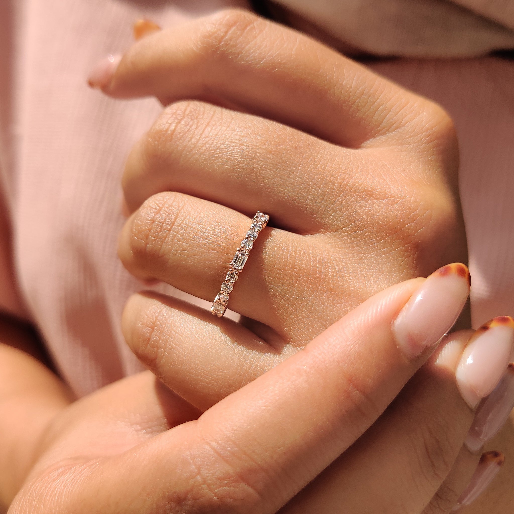 Emerald and Round Cut Rose Gold Diamond Wedding Band