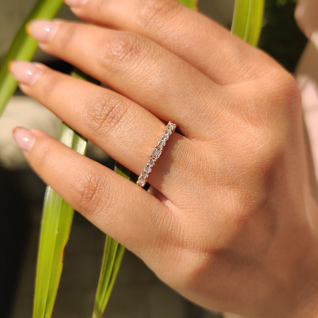 Emerald and Round Cut Rose Gold Diamond Wedding Band