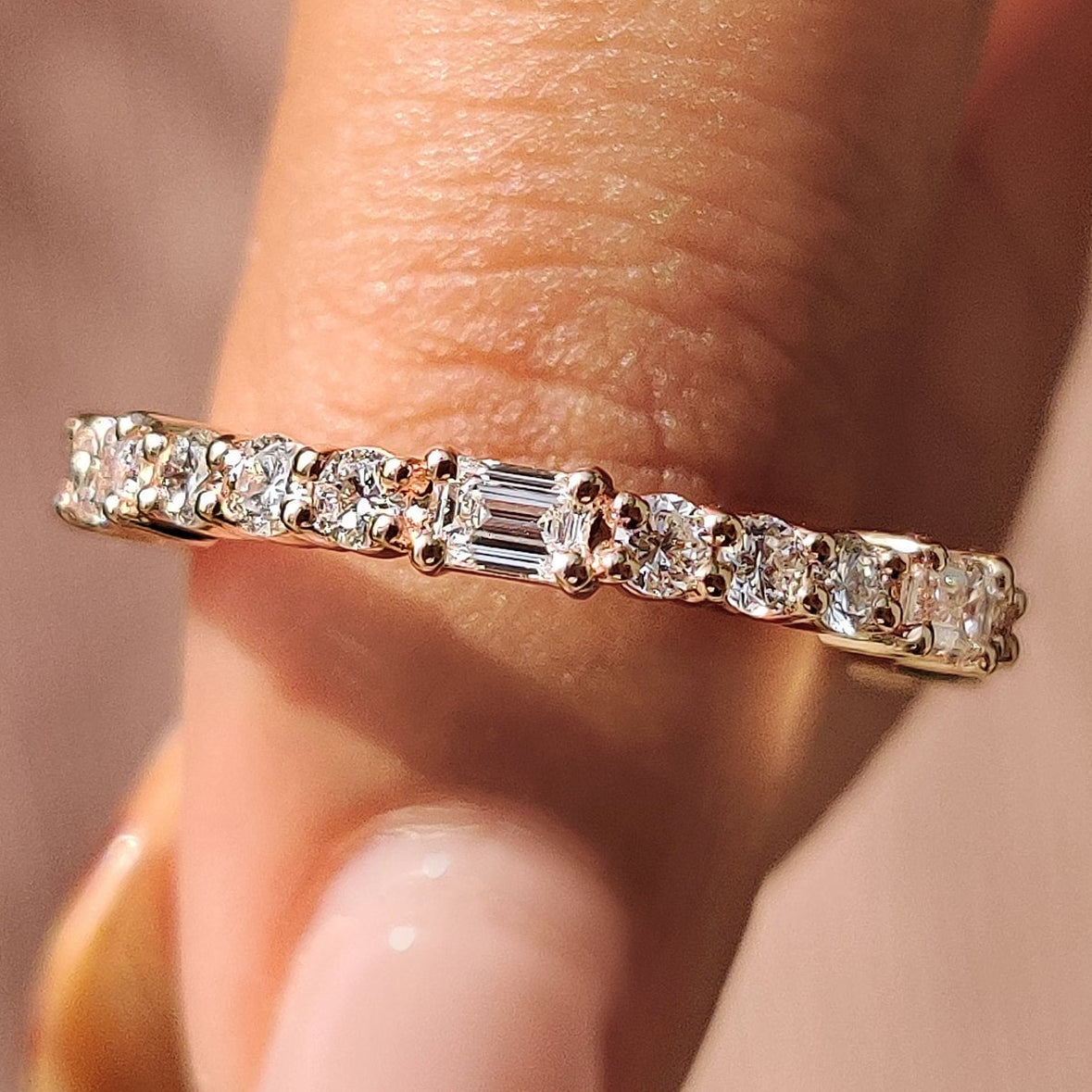 Emerald and Round Cut Rose Gold Diamond Wedding Band