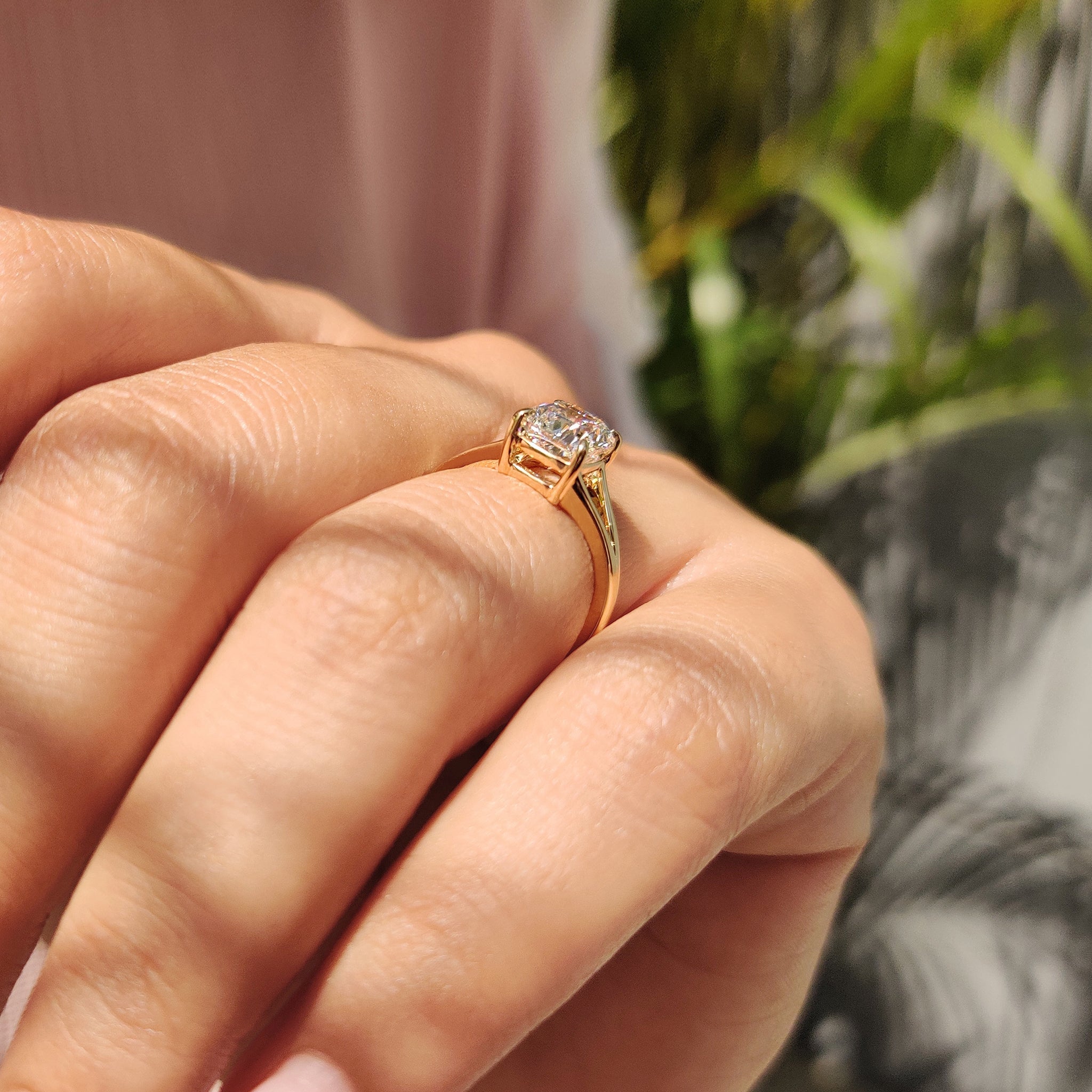 Solitaire Cushion Cut Diamond Ring in Split Shank Setting