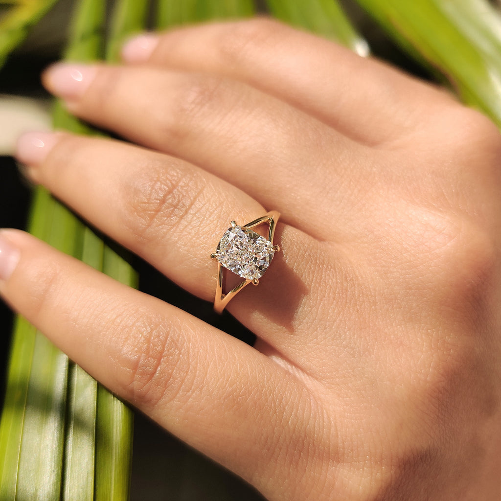 Solitaire Cushion Cut Diamond Ring in Split Shank Setting