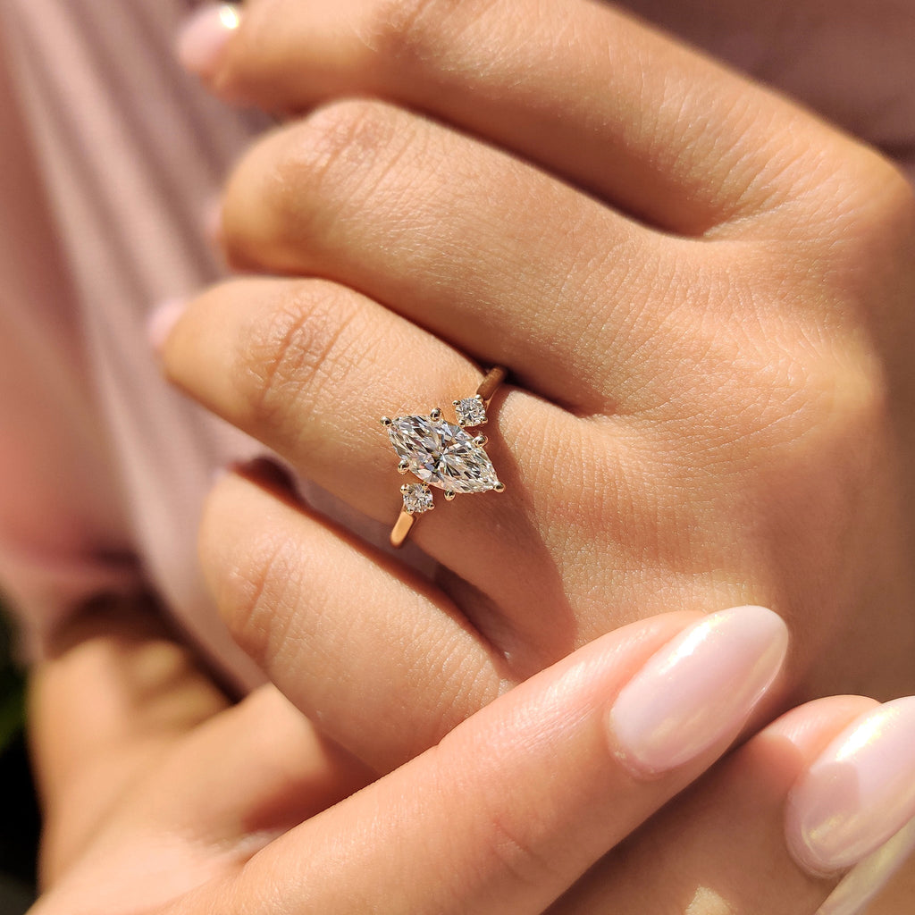 3 Stone Marquise Engagement Ring With Hidden Halo