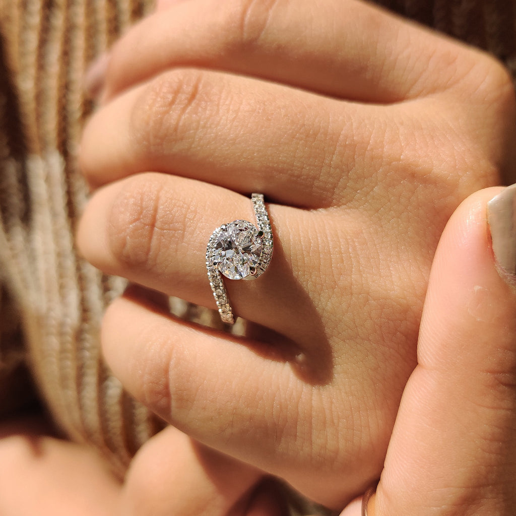 Oval Diamond Bypass Setting Ring In Half Eternity Style