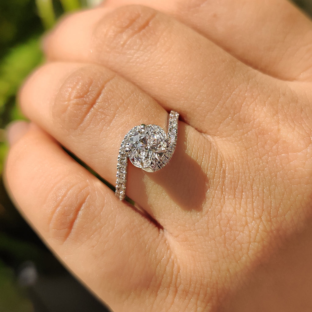 Oval Diamond Bypass Setting Ring In Half Eternity Style