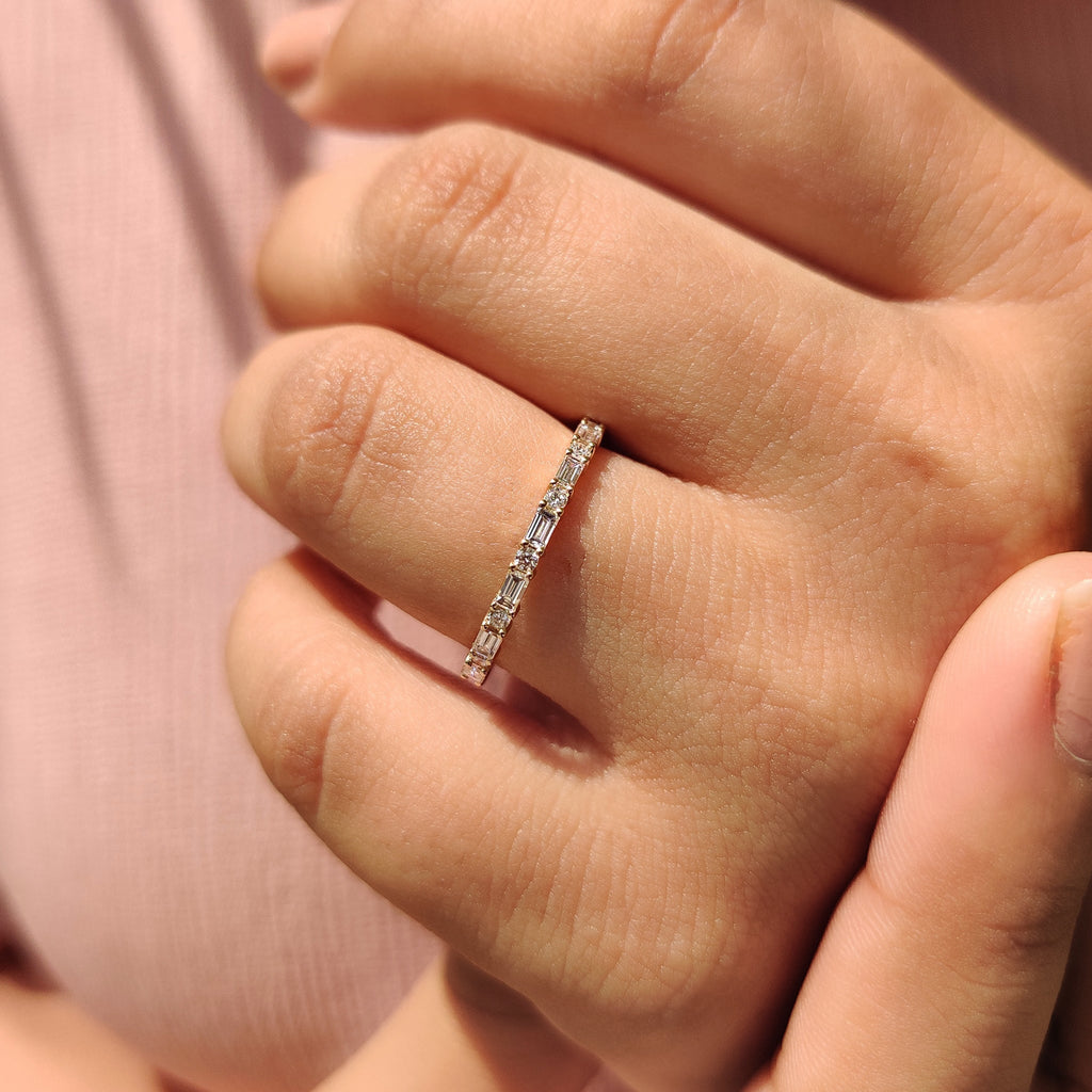 Secure With Shared Prong Baguette And Round Diamond Band
