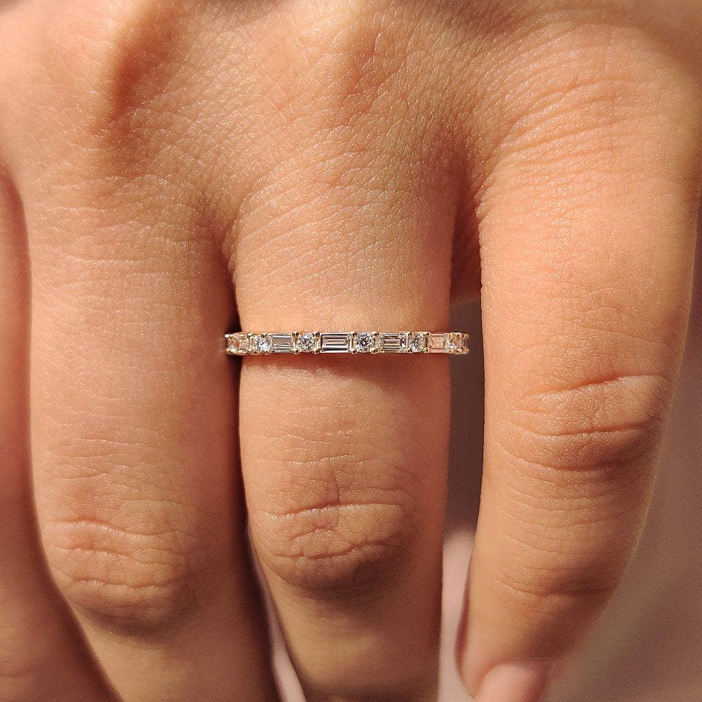 Secure With Shared Prong Baguette And Round Diamond Band
