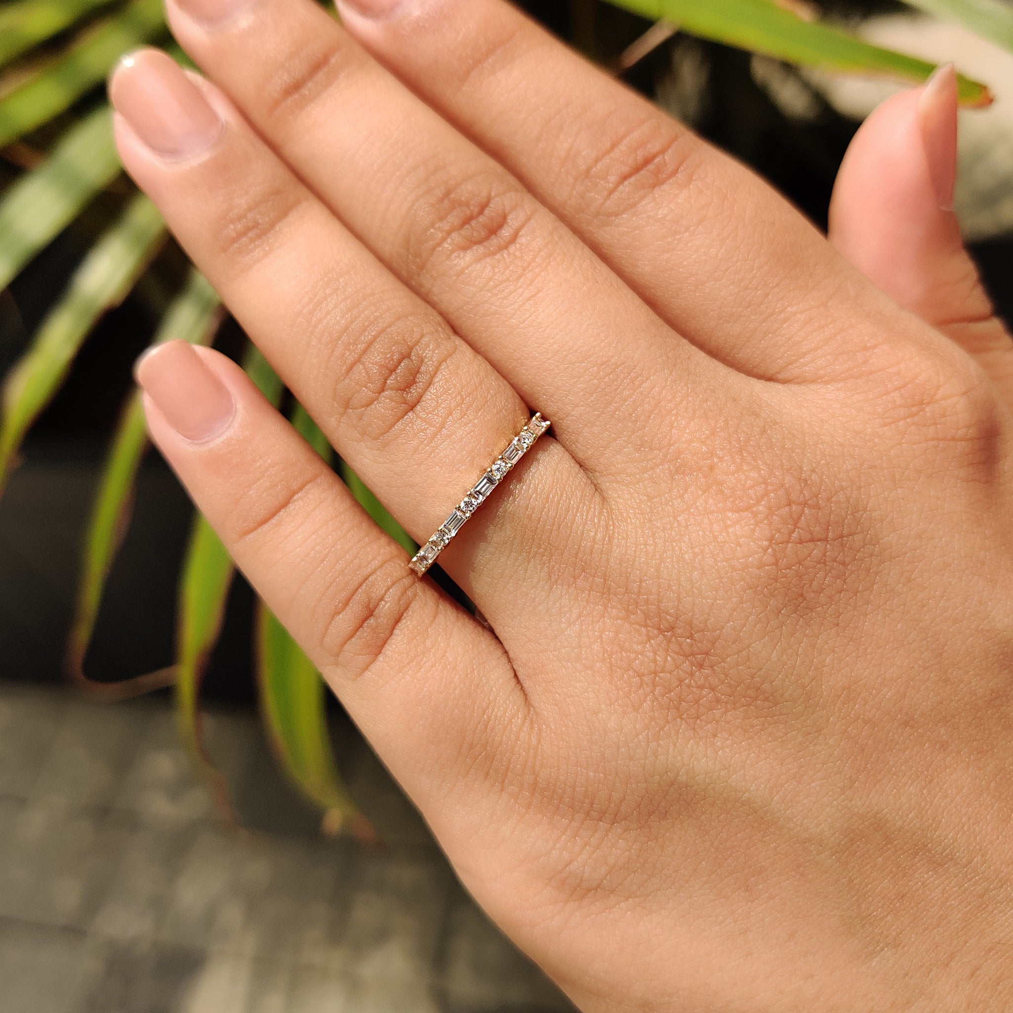 Secure With Shared Prong Baguette And Round Diamond Band