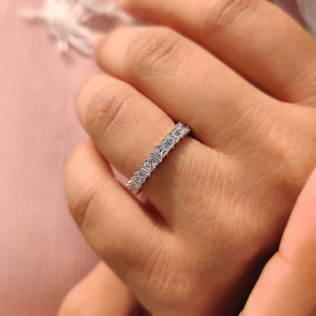 Baguette And Princess White Gold Wedding Band