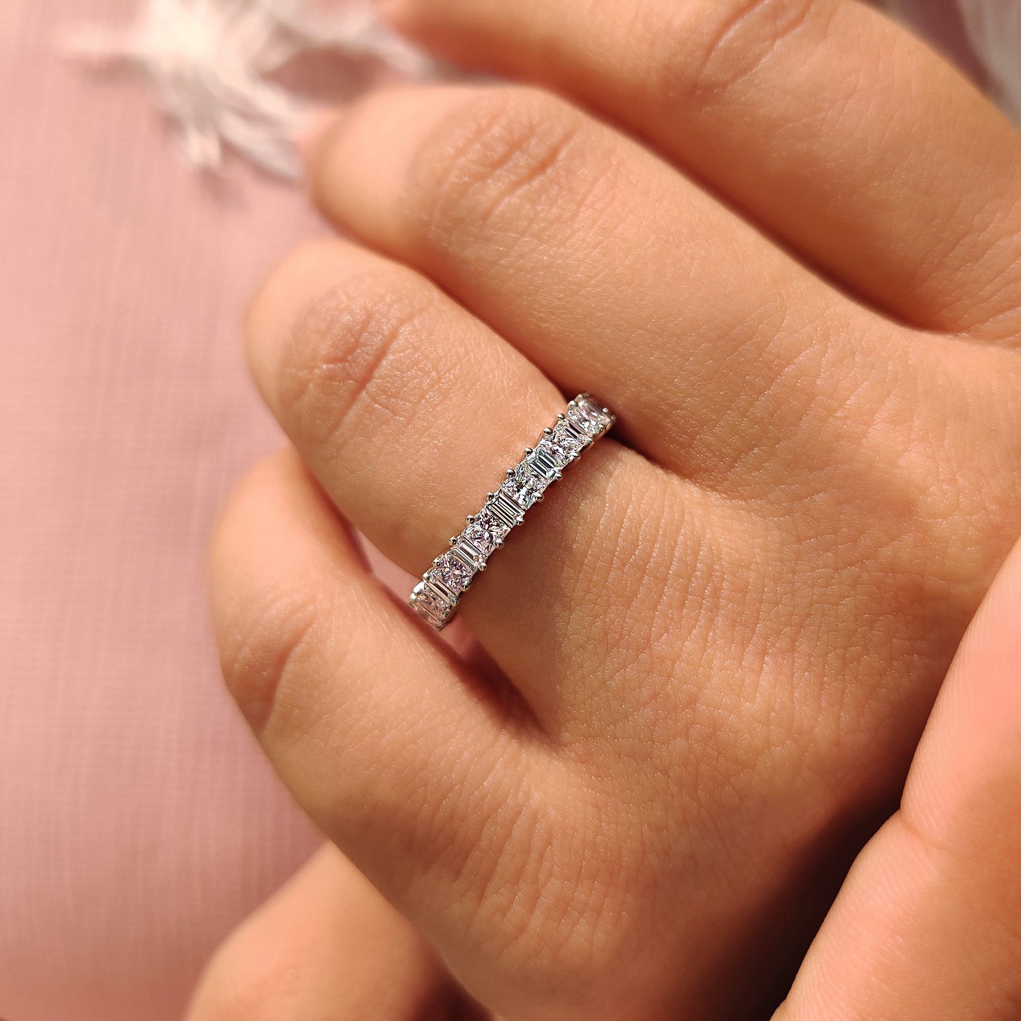 Baguette And Princess White Gold Wedding Band