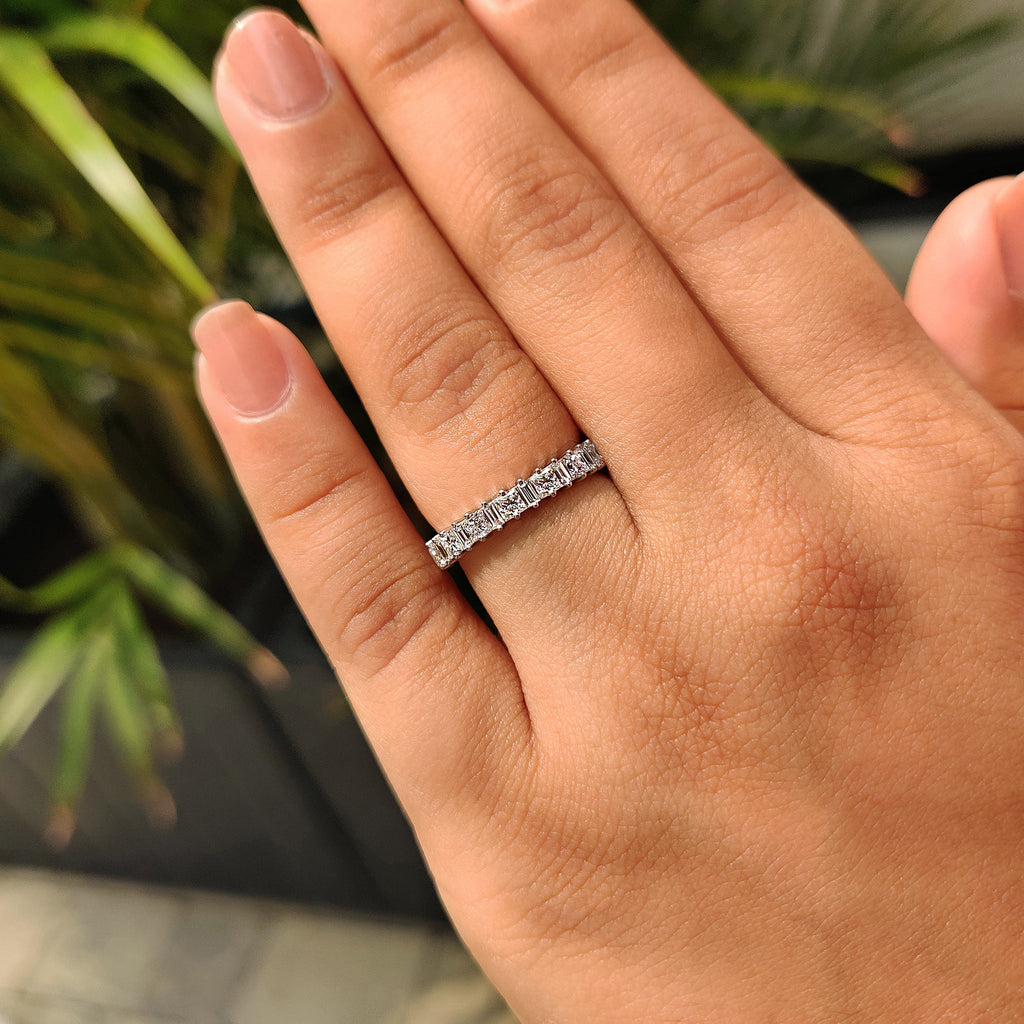 Baguette And Princess White Gold Wedding Band