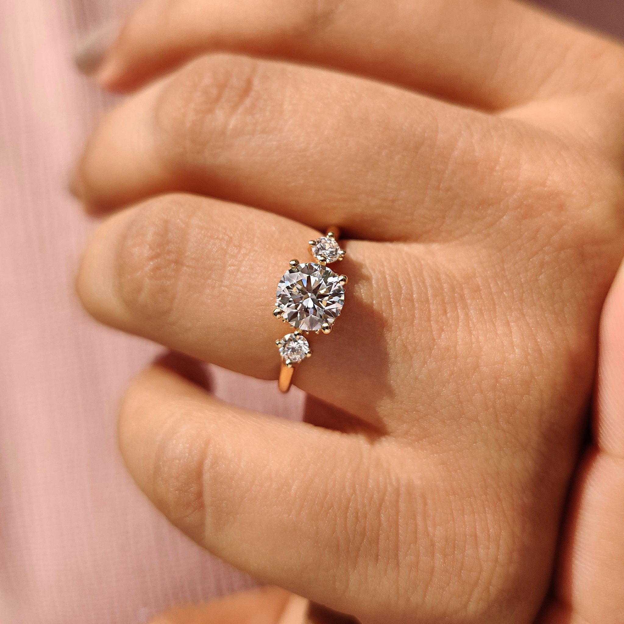 Three Stone Hidden Halo Round Engagement Ring