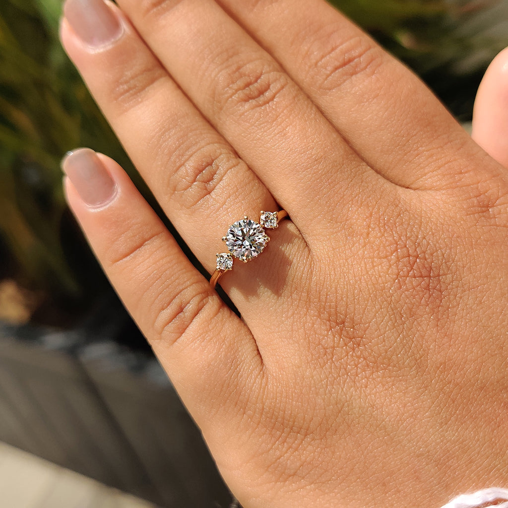 Three Stone Hidden Halo Round Engagement Ring