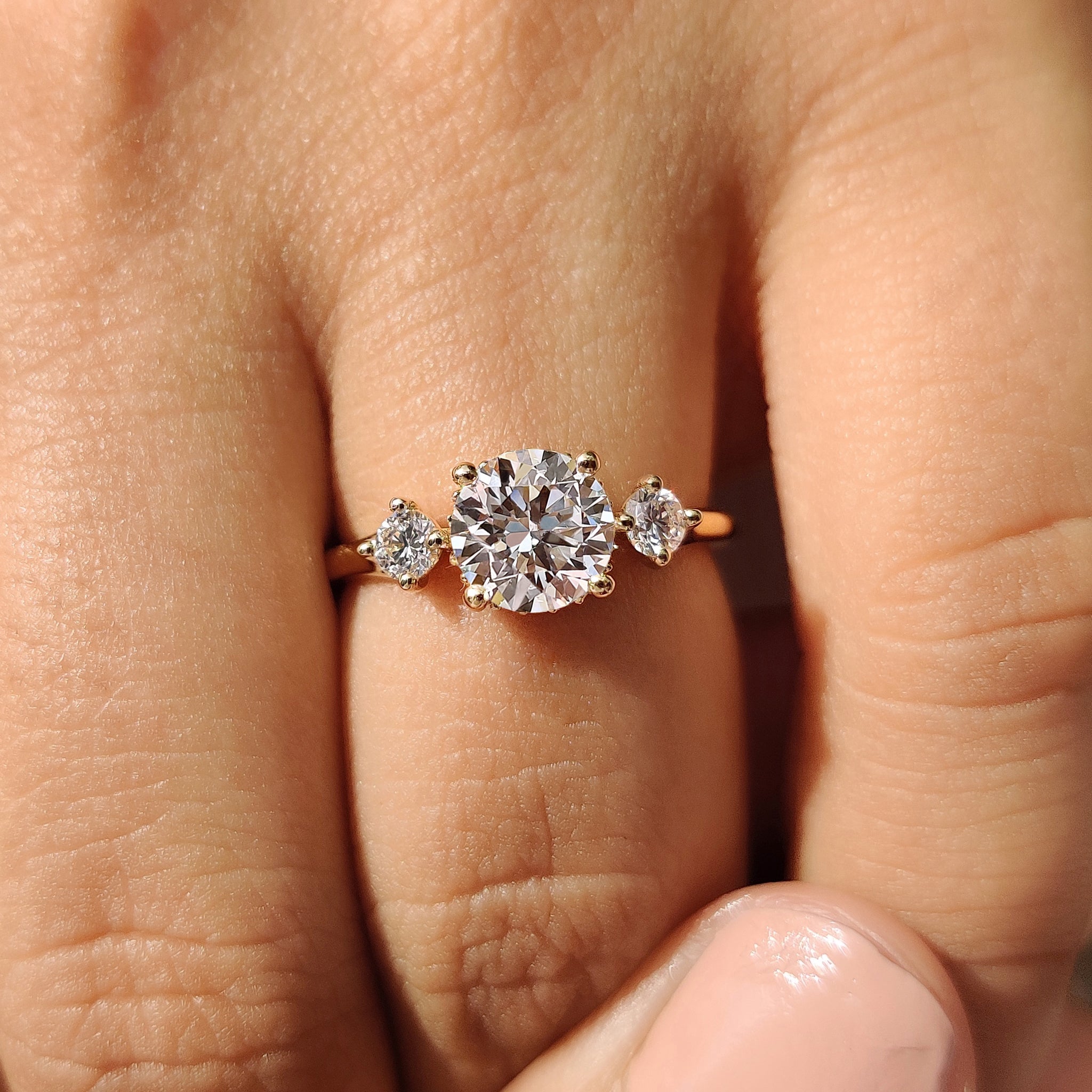 Three Stone Hidden Halo Round Engagement Ring