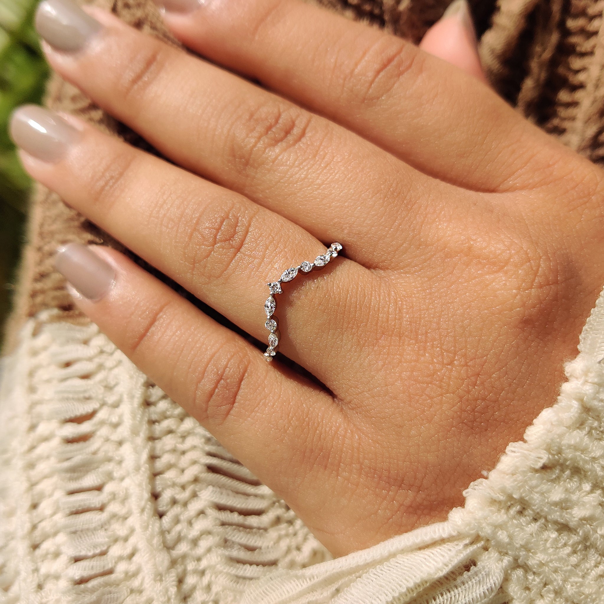 Round and Marquise Diamond Curved Wedding Band