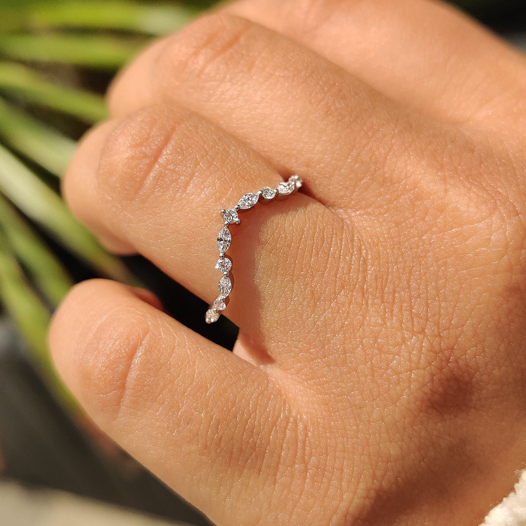Round and Marquise Diamond Curved Wedding Band