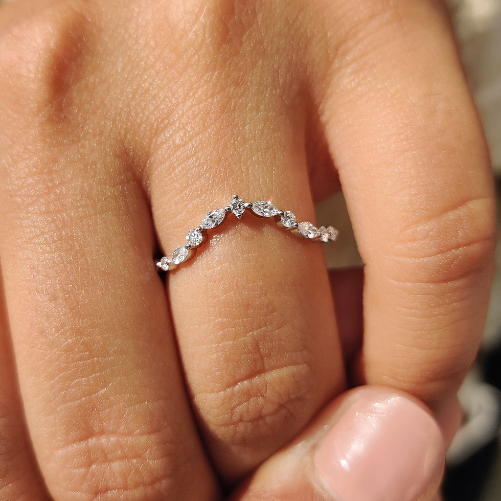 Round and Marquise Diamond Curved Wedding Band