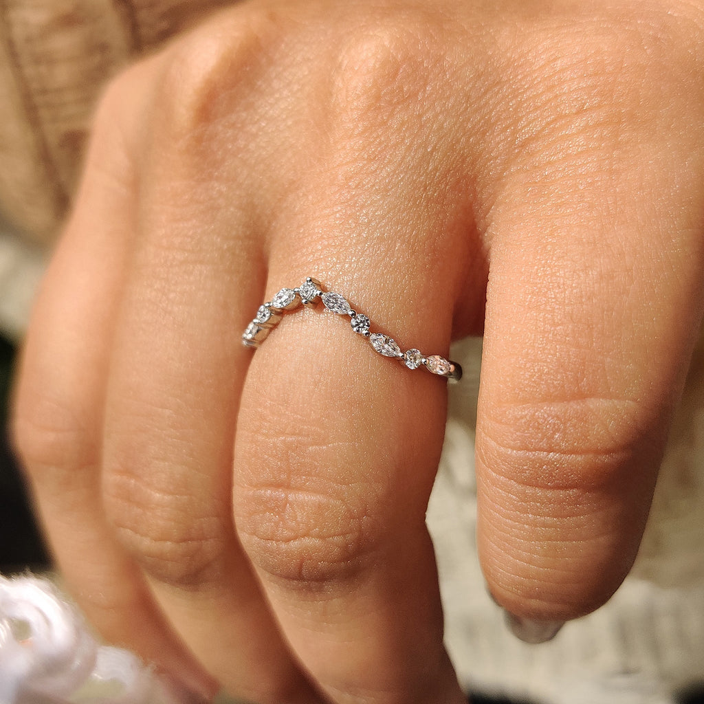 Round and Marquise Diamond Curved Wedding Band