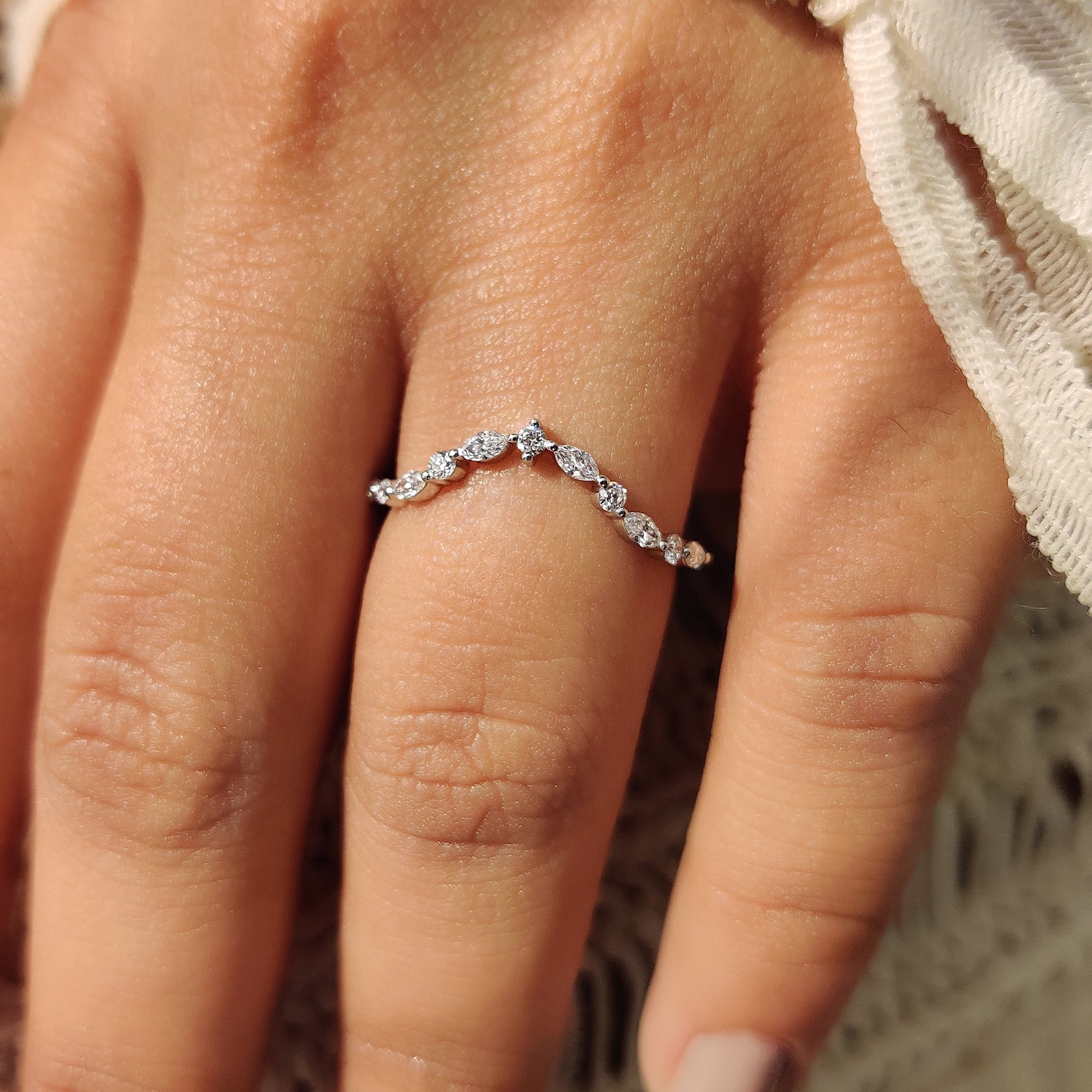 Round and Marquise Diamond Curved Wedding Band