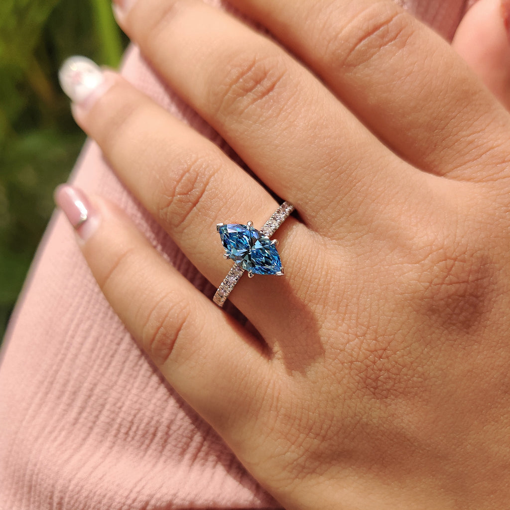 Blue Marquise Diamond Engagement Ring With Pave Setting