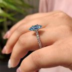 Blue Marquise Diamond Engagement Ring With Pave Setting