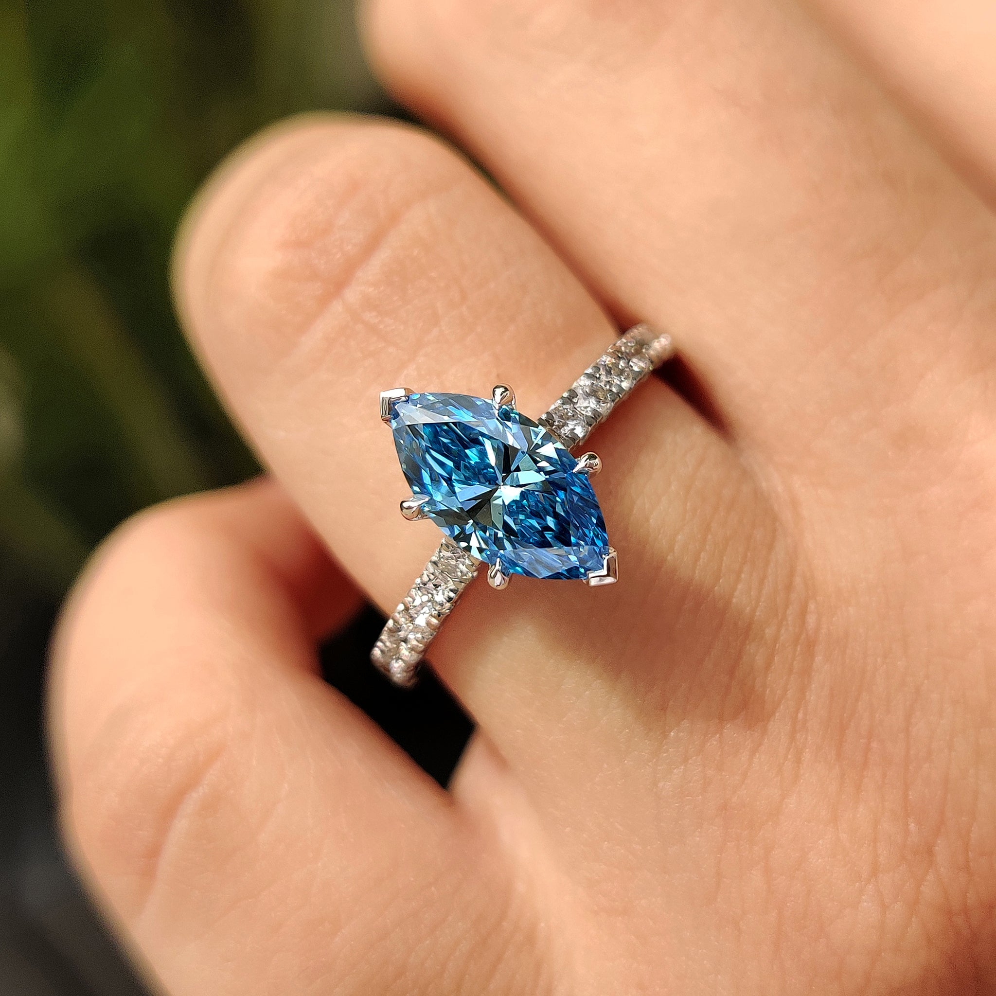 Blue Marquise Diamond Engagement Ring With Pave Setting