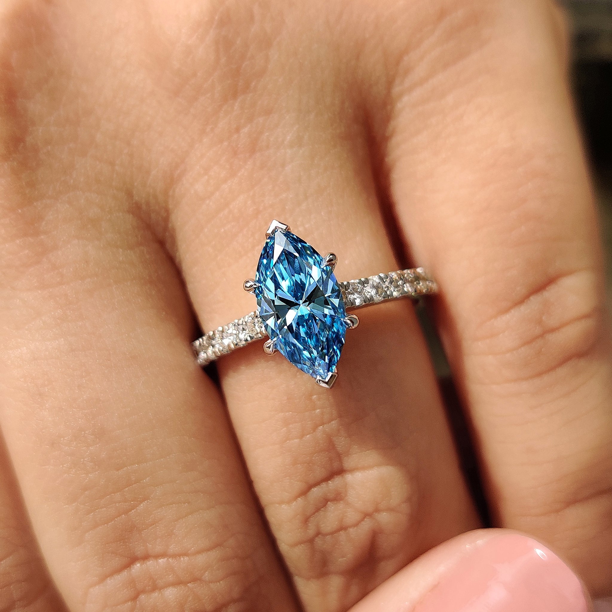 Blue Marquise Diamond Engagement Ring With Pave Setting