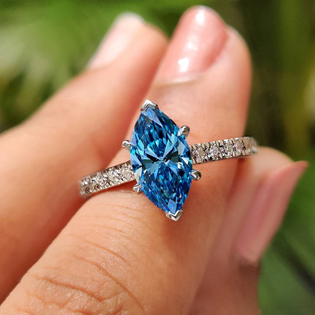 Blue Marquise Diamond Engagement Ring With Pave Setting