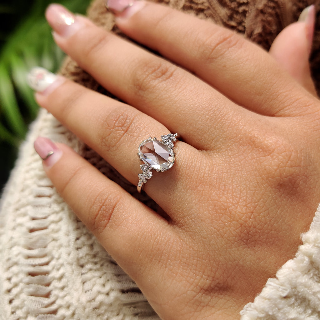 Oval Rose Cut Engagement Ring With Cluster Setting