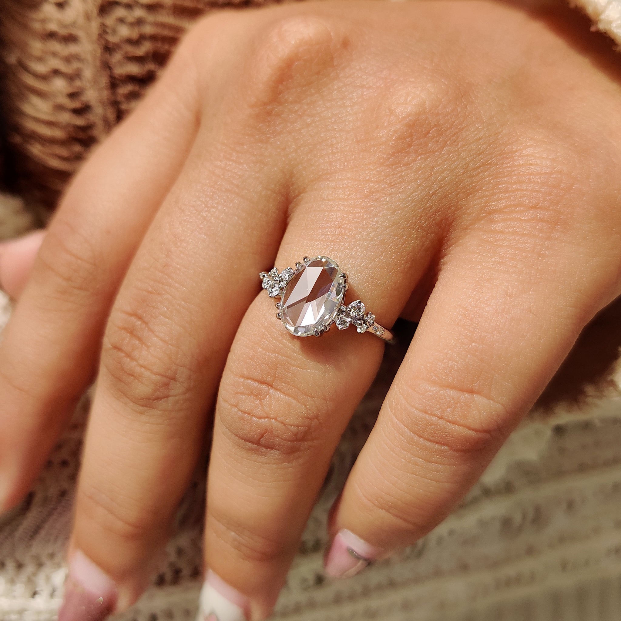 Oval Rose Cut Engagement Ring With Cluster Setting