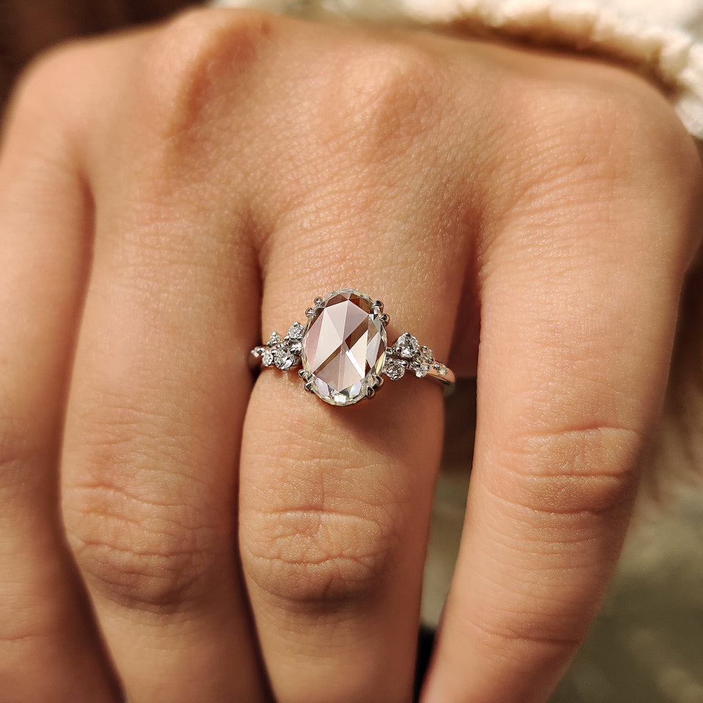Oval Rose Cut Engagement Ring With Cluster Setting
