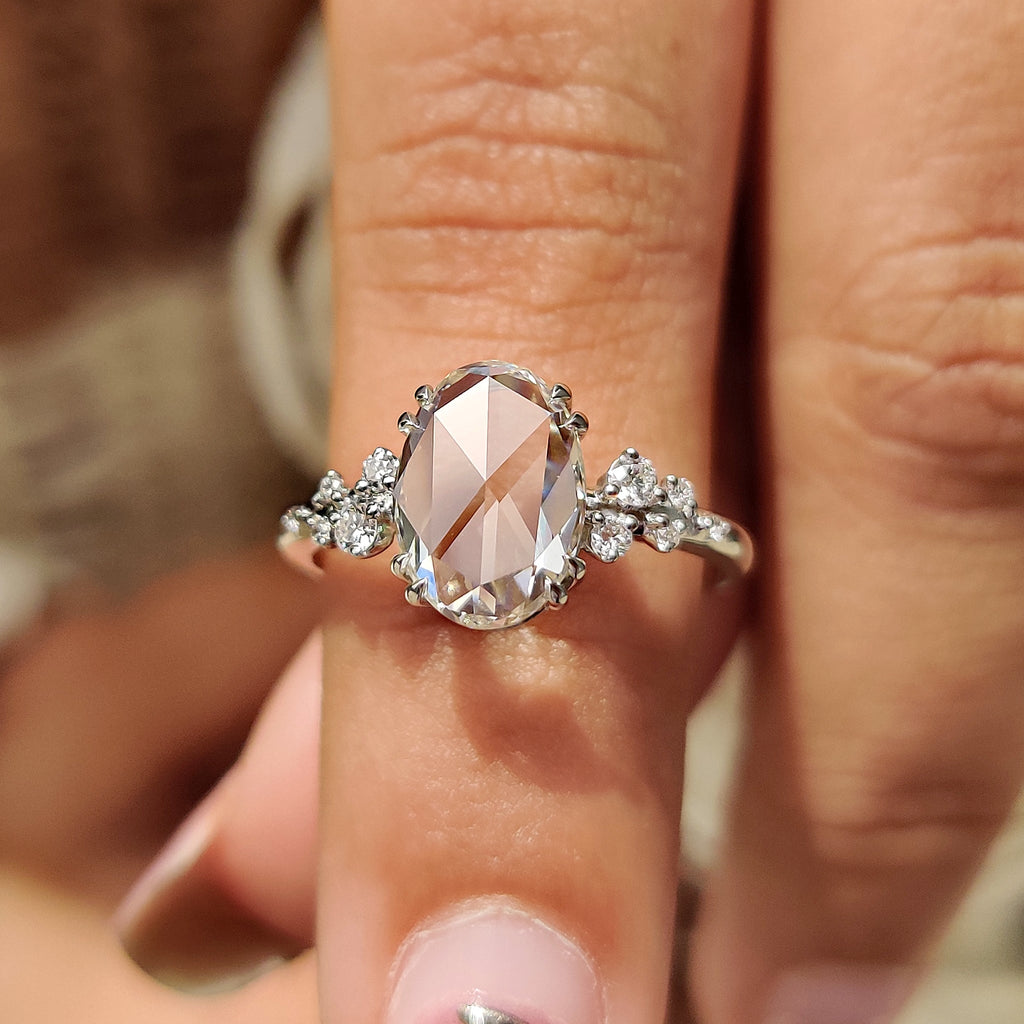Oval Rose Cut Engagement Ring With Cluster Setting