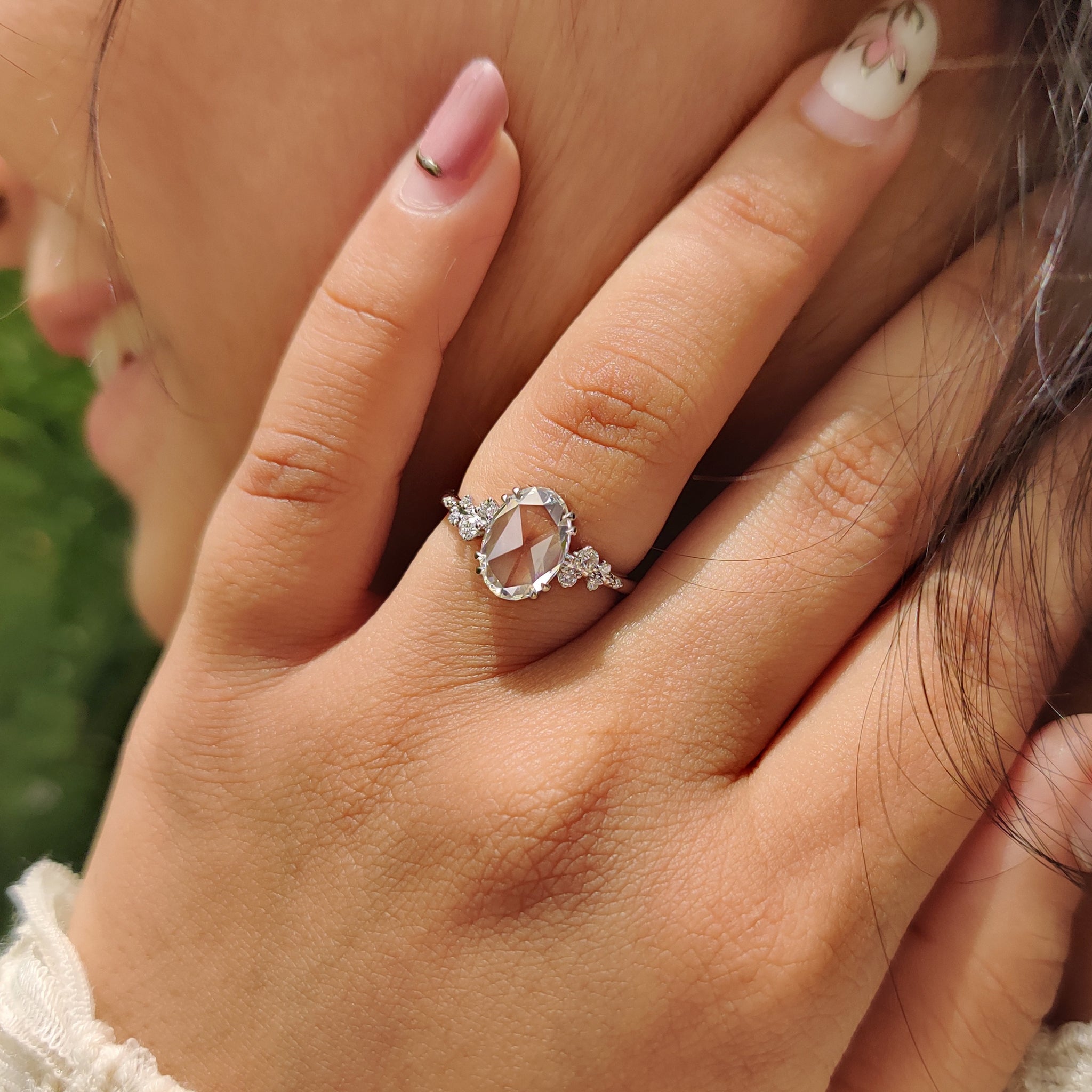 Oval Rose Cut Engagement Ring With Cluster Setting