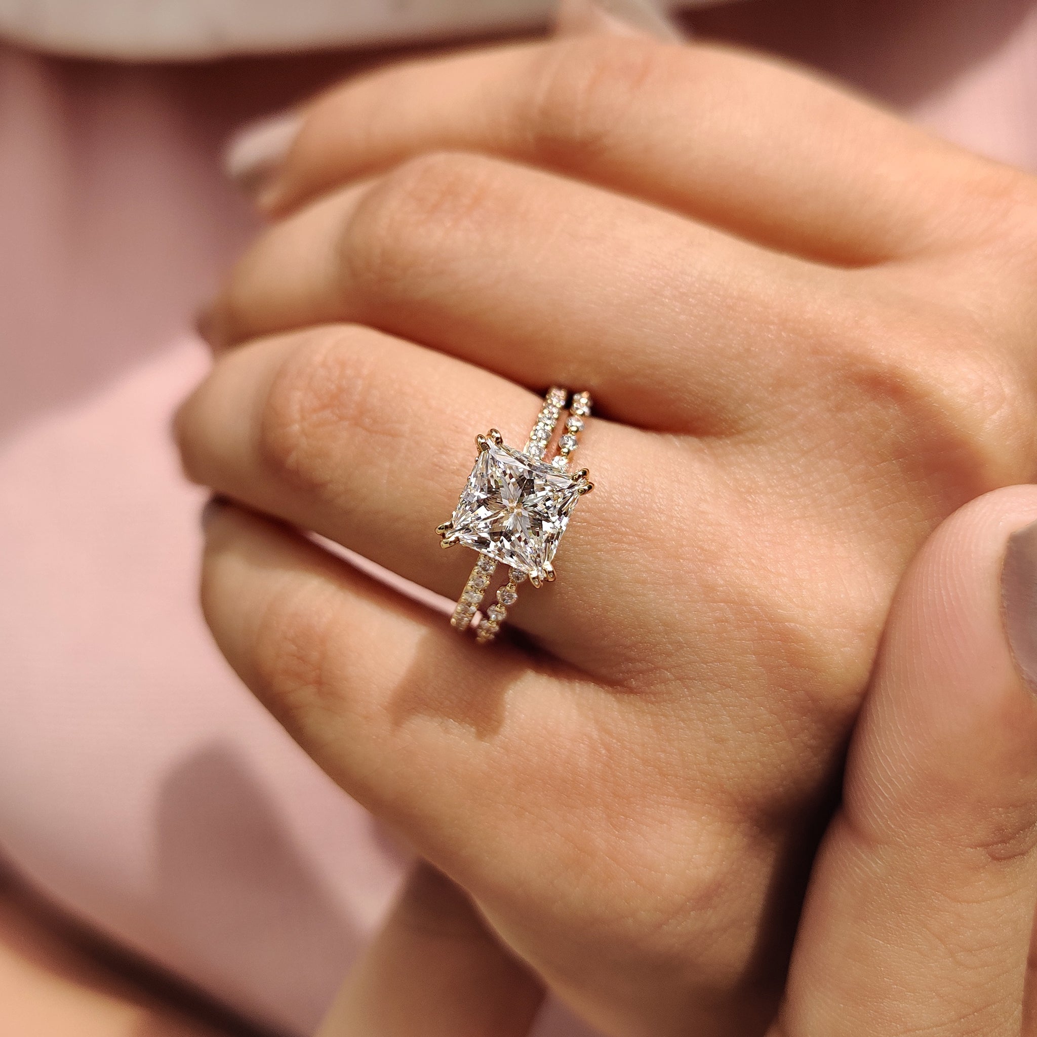 Princess Cut Engagement Ring And Wedding Band In Half Eternity Band