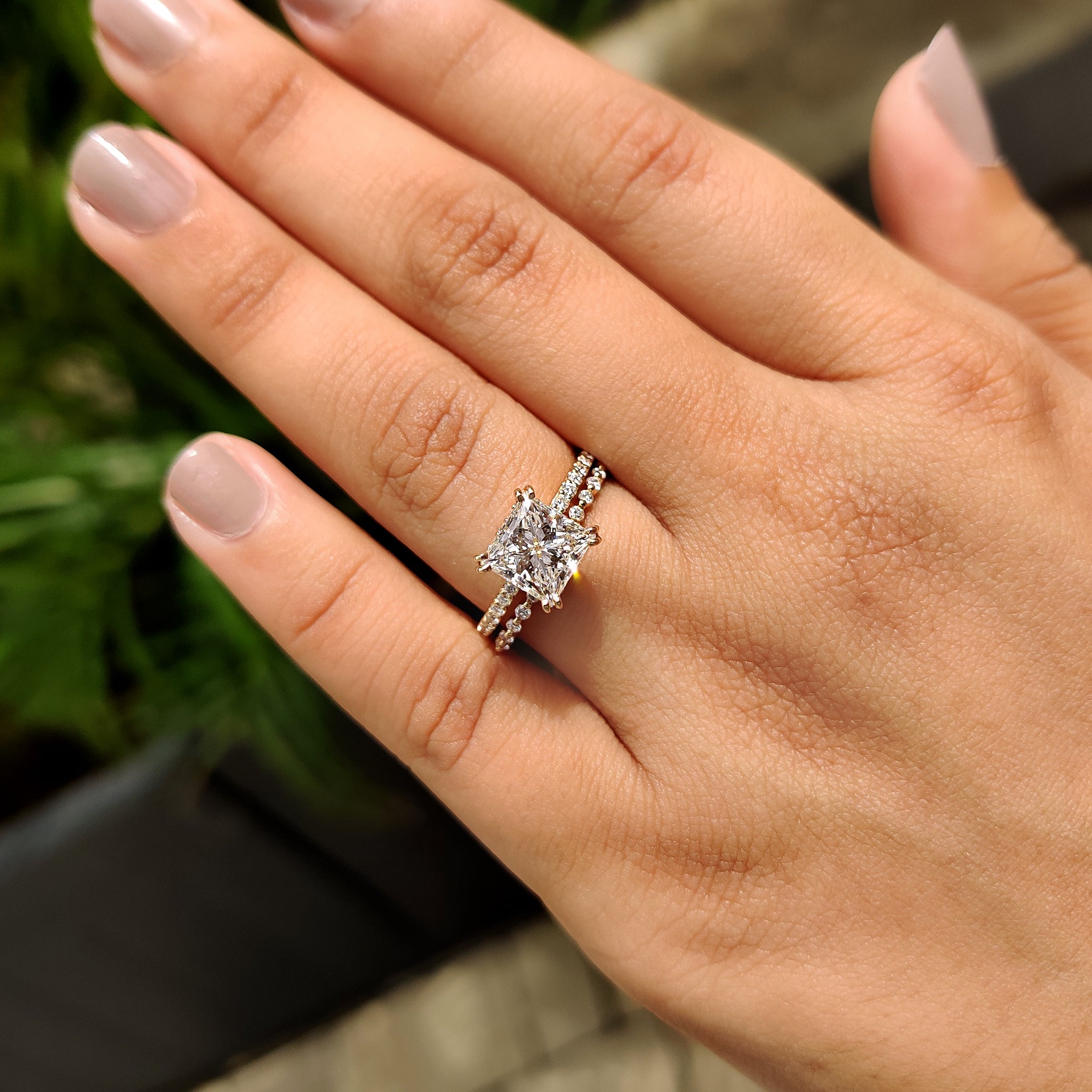 Princess Cut Engagement Ring And Wedding Band In Half Eternity Band