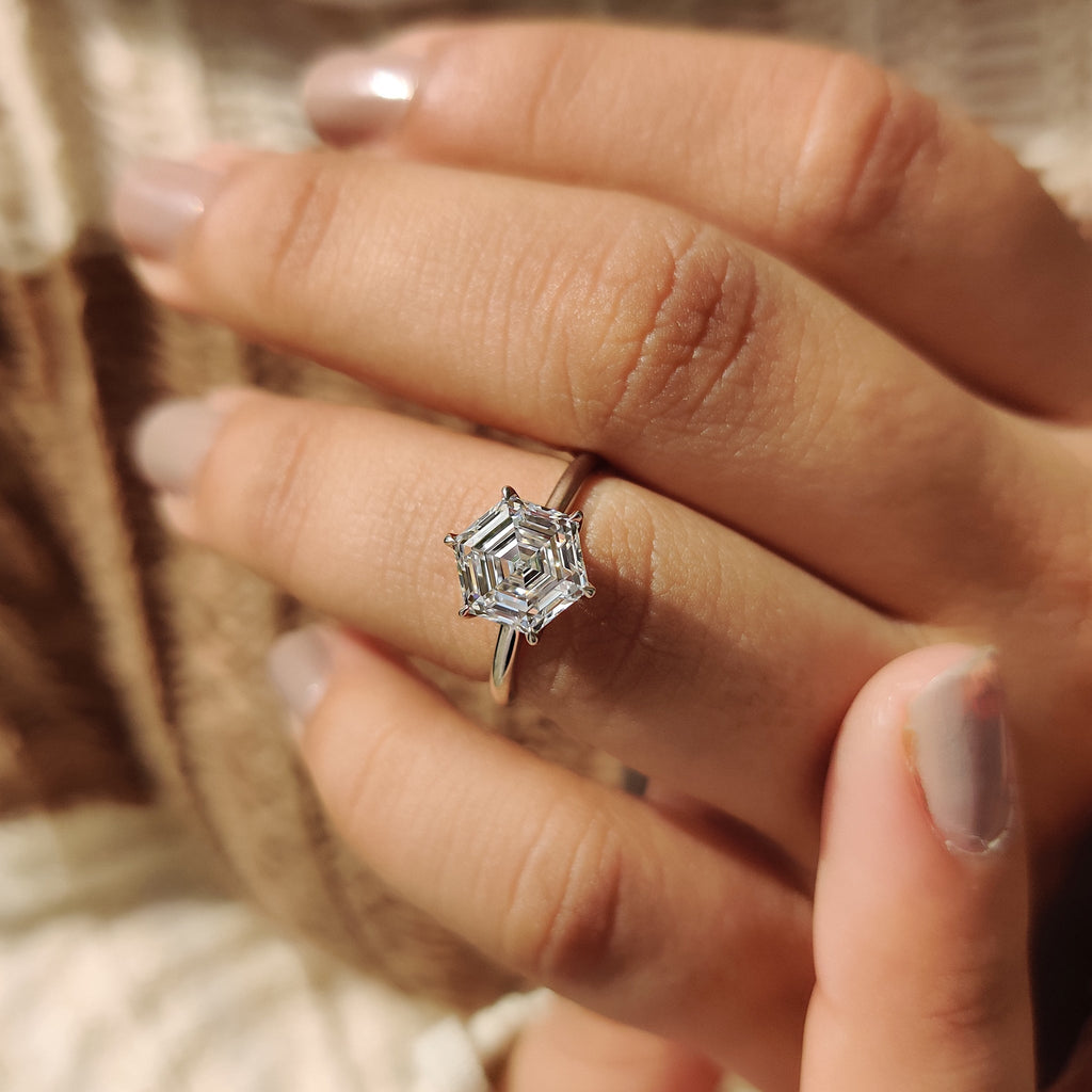 Hexagon Cut Solitaire Diamond Engagement Ring