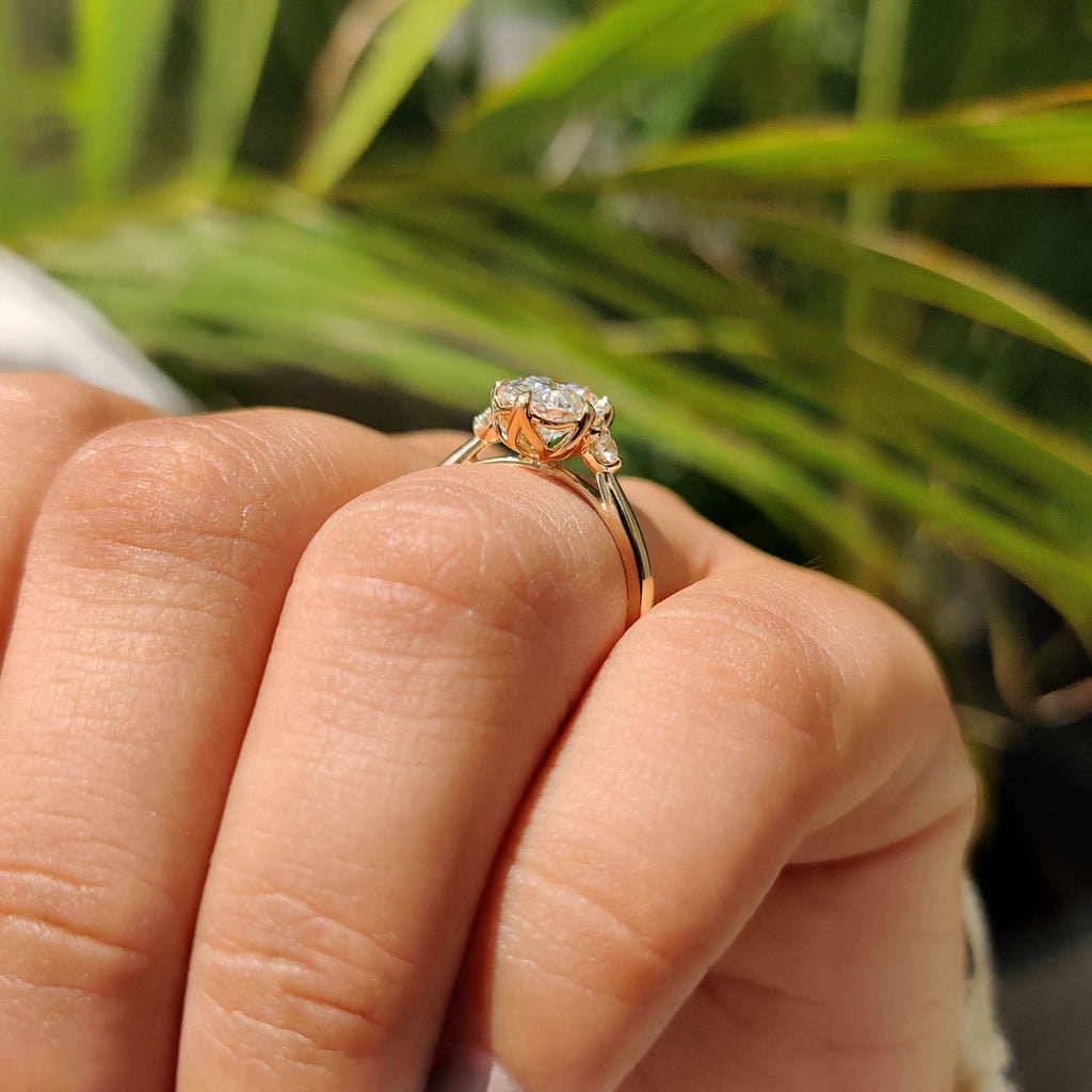 3 Stone Oval Engagement Ring With Tulip Basket Setting