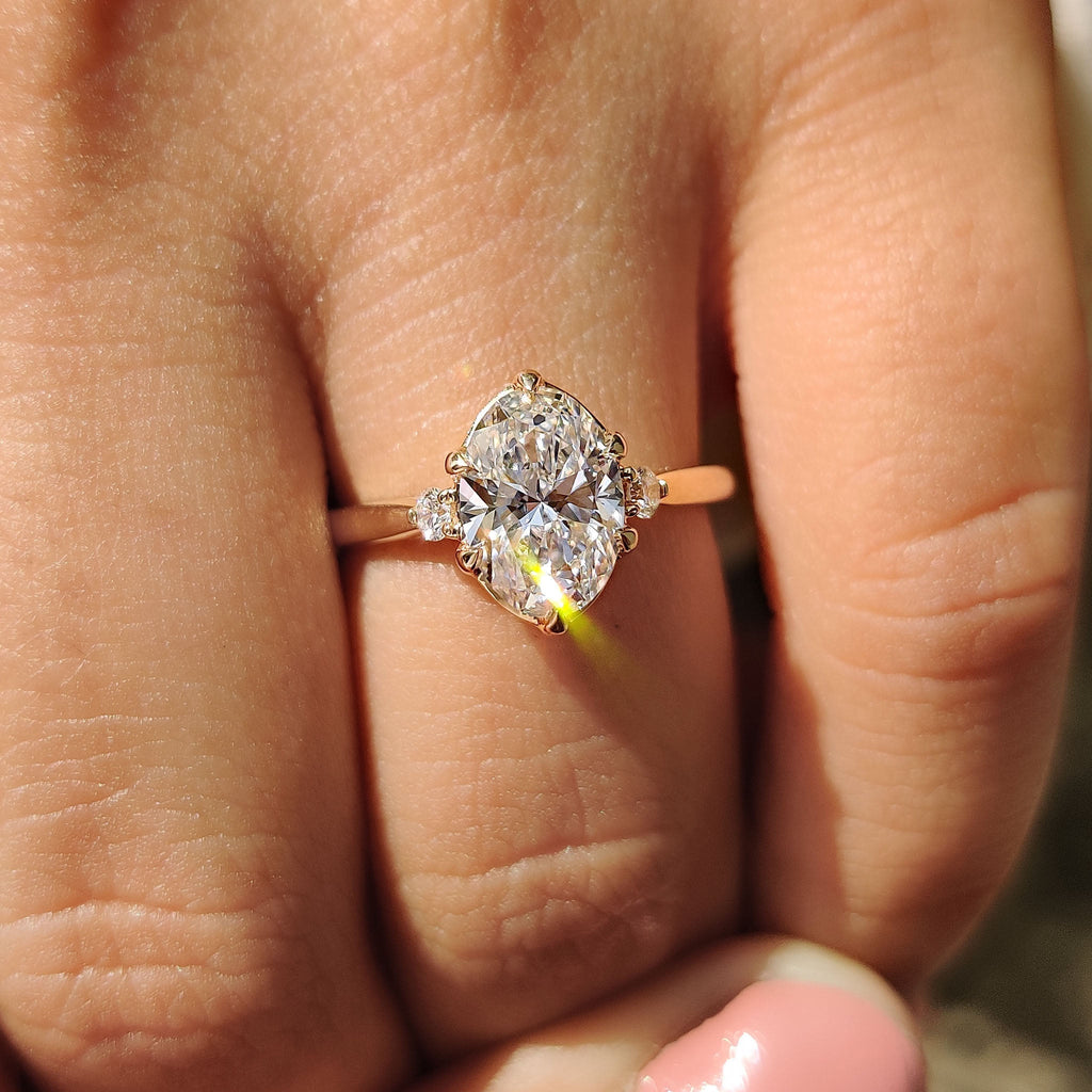 3 Stone Oval Engagement Ring With Tulip Basket Setting