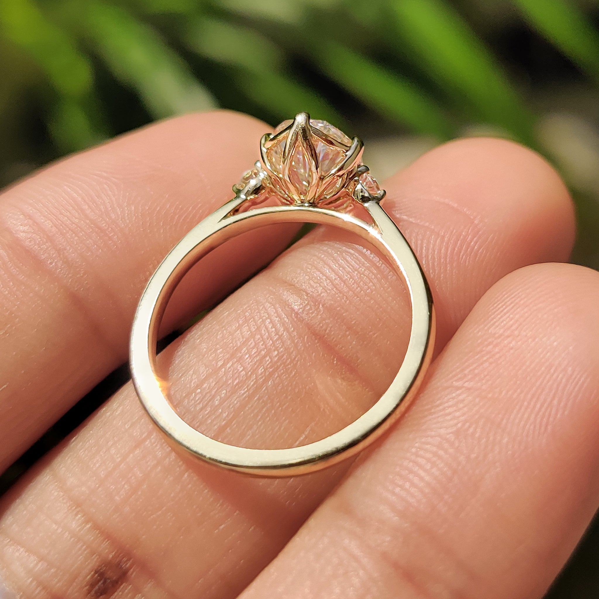 3 Stone Oval Engagement Ring With Tulip Basket Setting